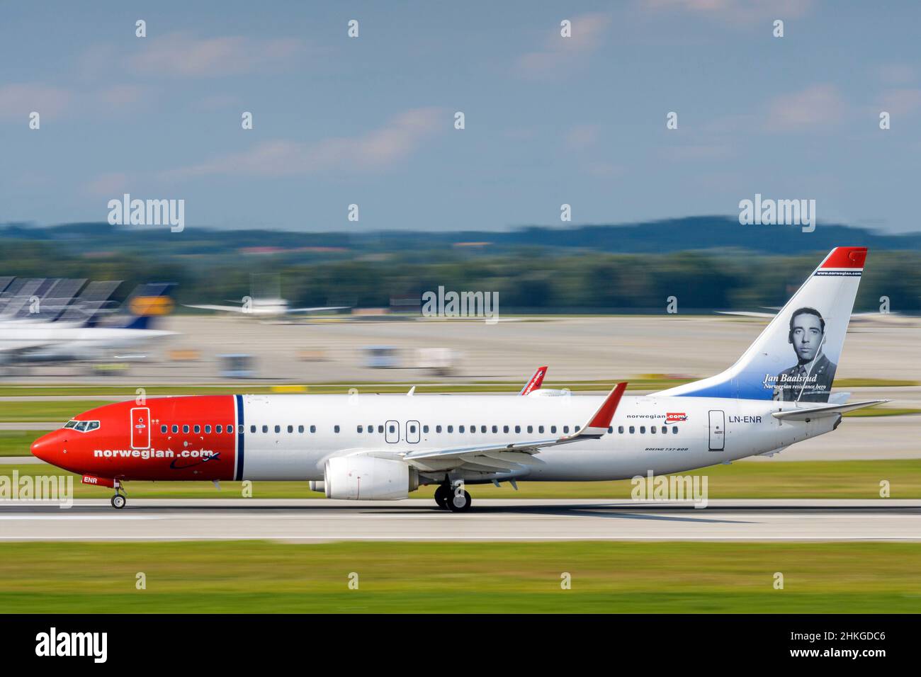 Munich, Germany - September 12. 2021: Norwegian Air Shuttle AOC Boeing 737-8JP with the aircraft registration LN-ENR is starting on the southern runwa Stock Photo
