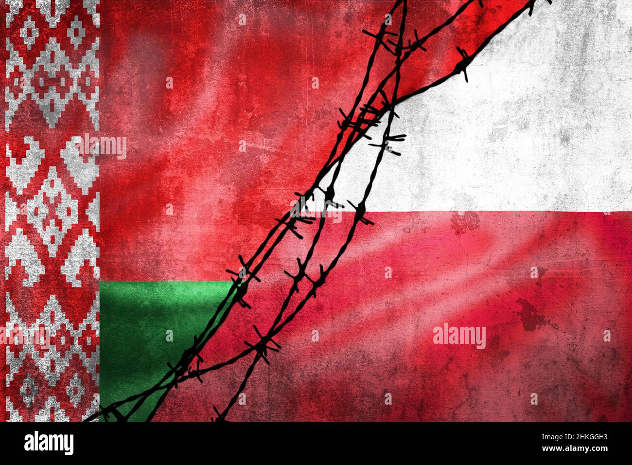 Grunge flags of Belarus and Poland divided by barb wire illustration, concept of tense relations in migrant border crisis Stock Photo