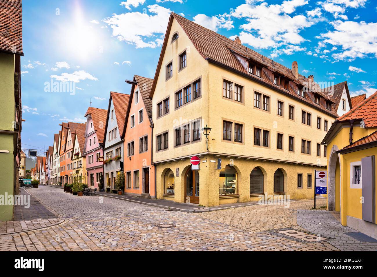 Rothenburg ob der Tauber. Cobbled colorful street and architecture of old town of Rothenburg ob der Tauber, Romantic road of Bavaria region of Germany Stock Photo