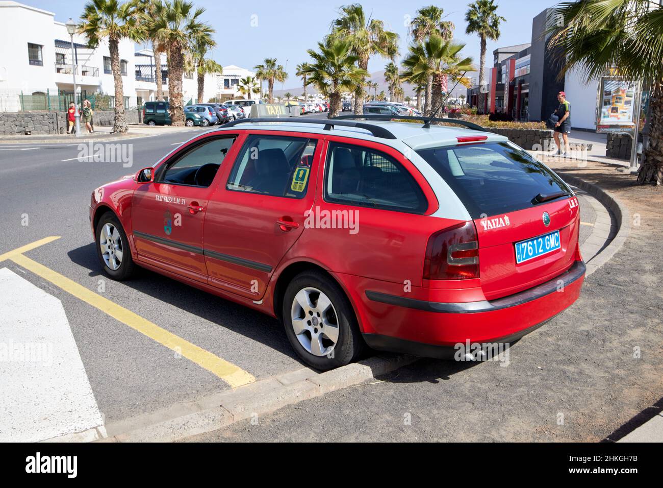 red and silver skoda estate car yaiza taxi cab at marina rubicon playa blanca Lanzarote Canary Islands Spain Stock Photo