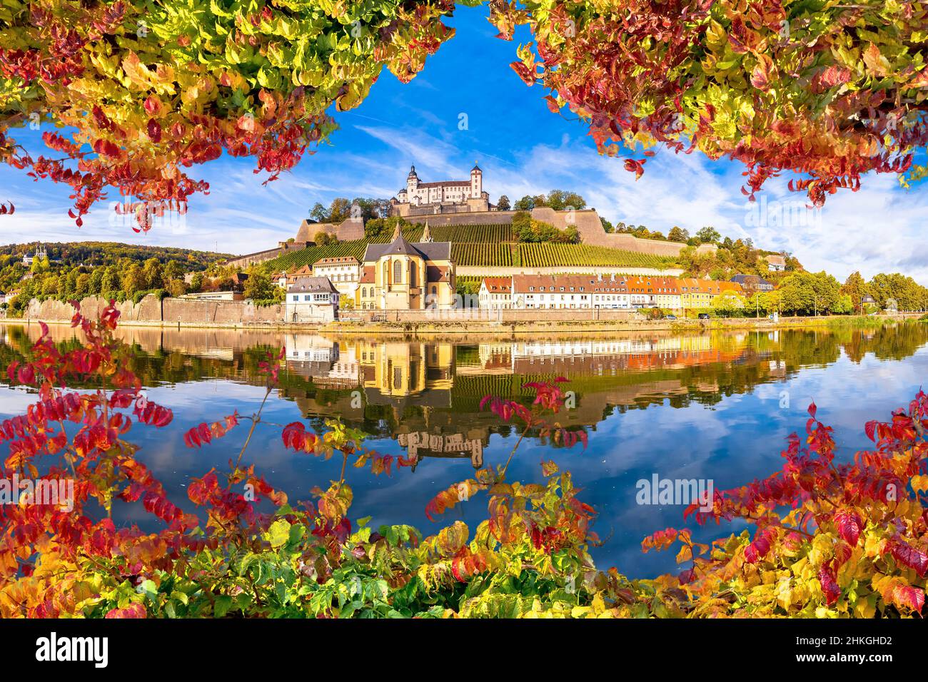 Wurzburg. Main river waterfront and scenic Wurzburg castle and vineyards  reflection view through autumn leaves, Bavaria region of Germany Stock  Photo - Alamy