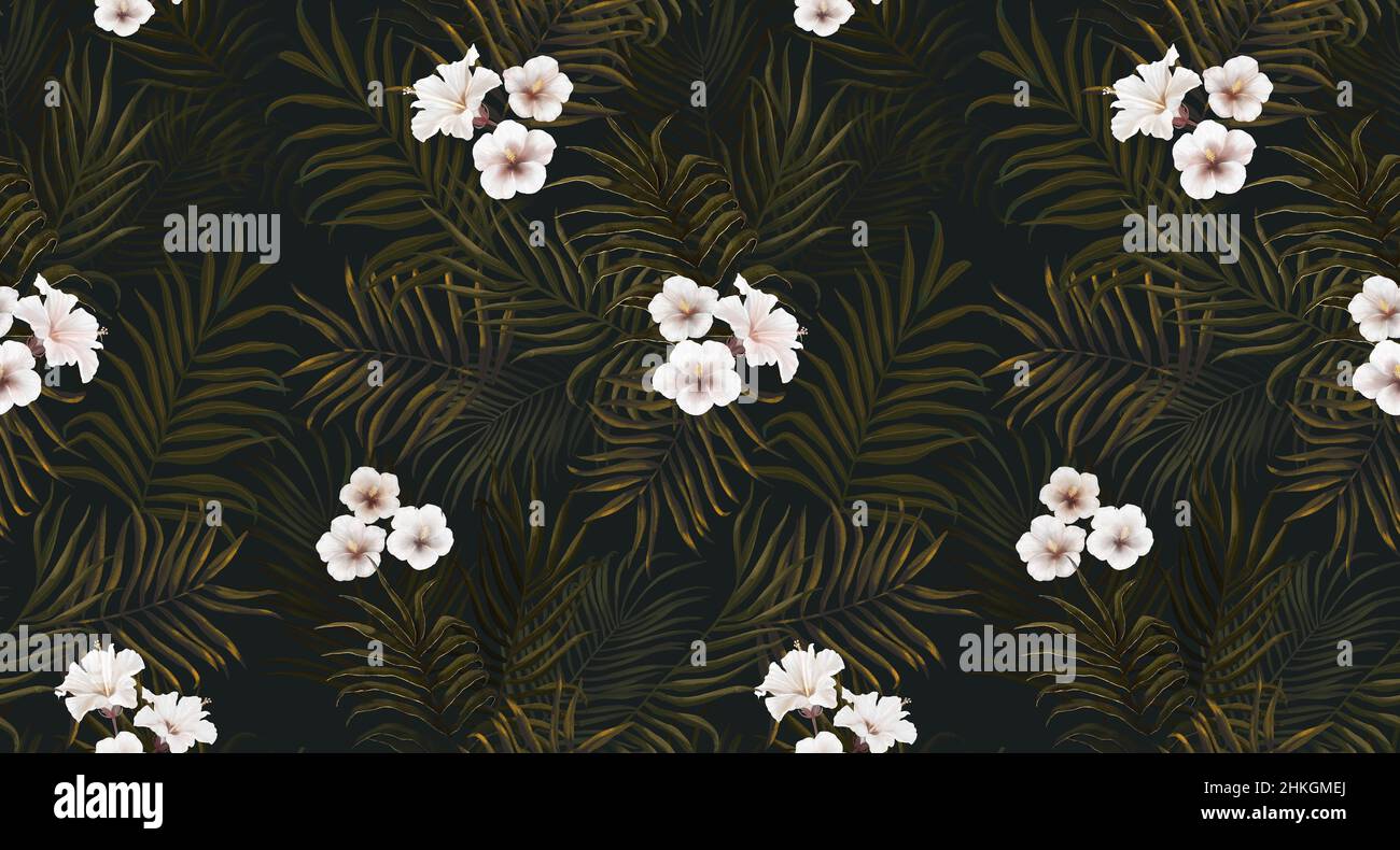 Tropical exotic seamless pattern with white flowers in tropical leaves ...
