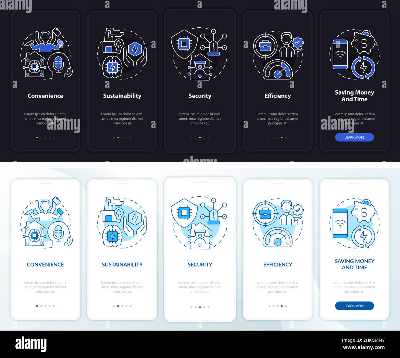 Smart technologies pros night and day mode onboarding mobile app screen Stock Vector