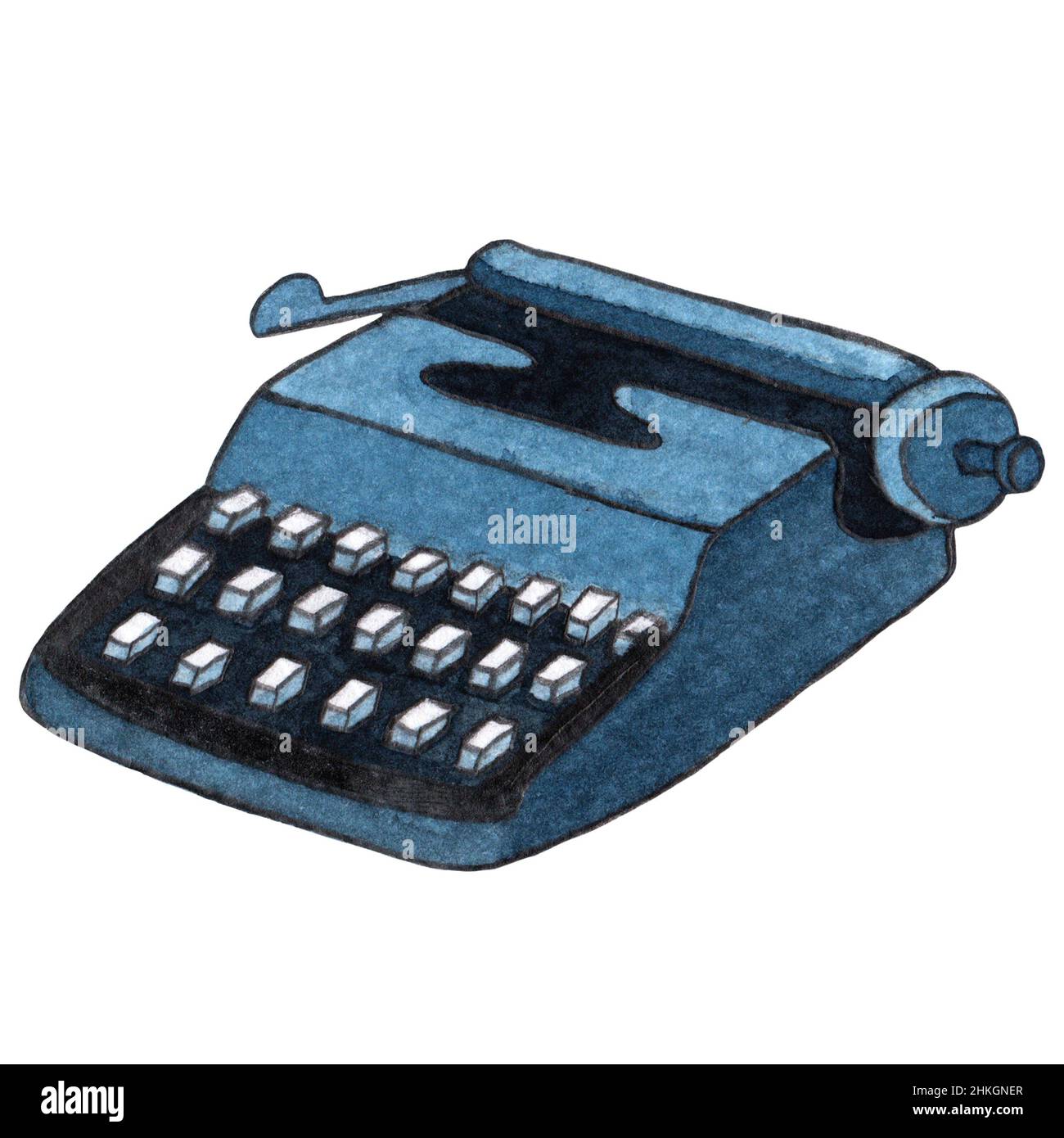 Watercolor hand drawn blue Typewriter isolated on white background Stock Photo