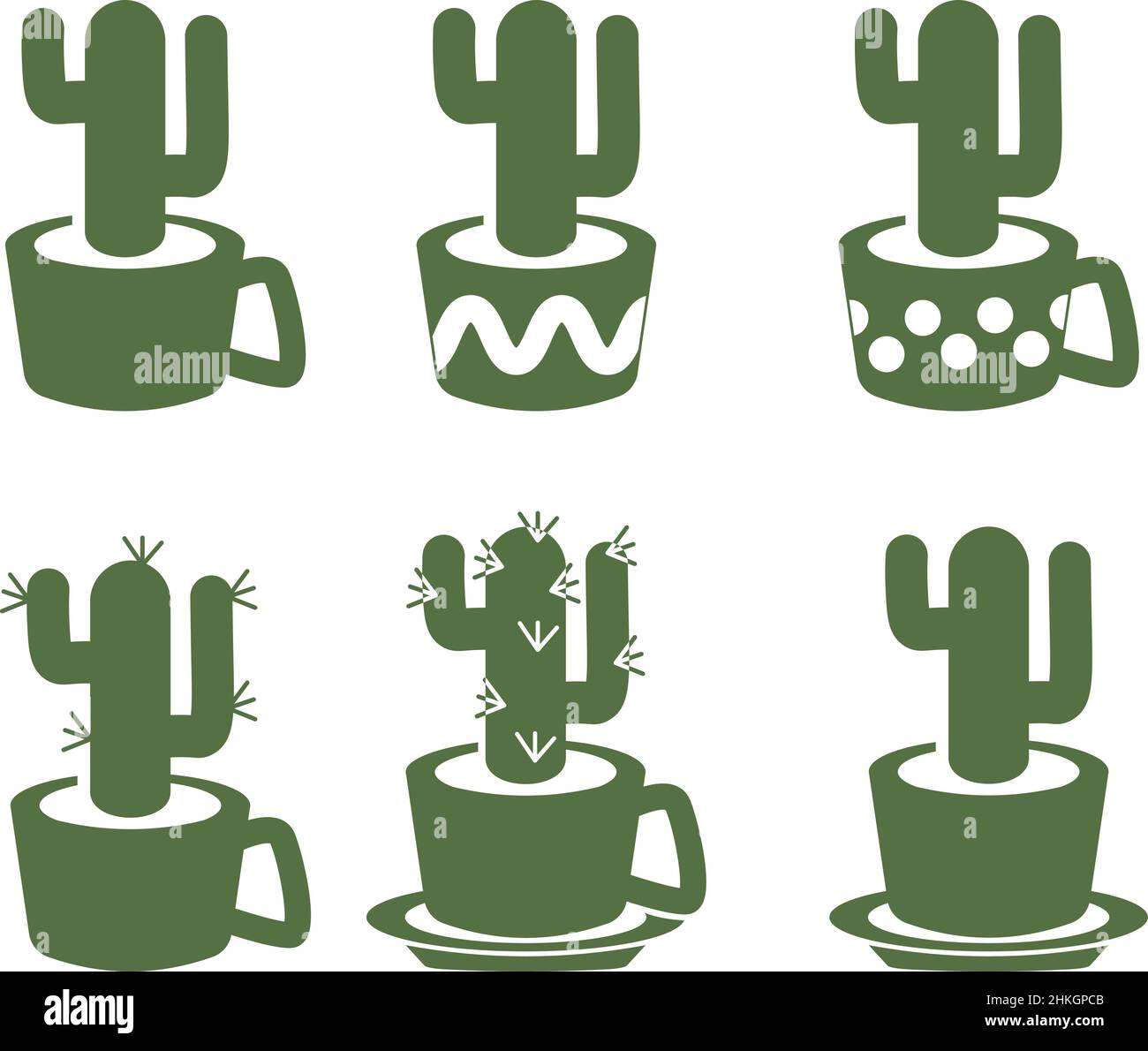 Set of monochrome colored simple drawing cactus in cups and pots Stock Vector