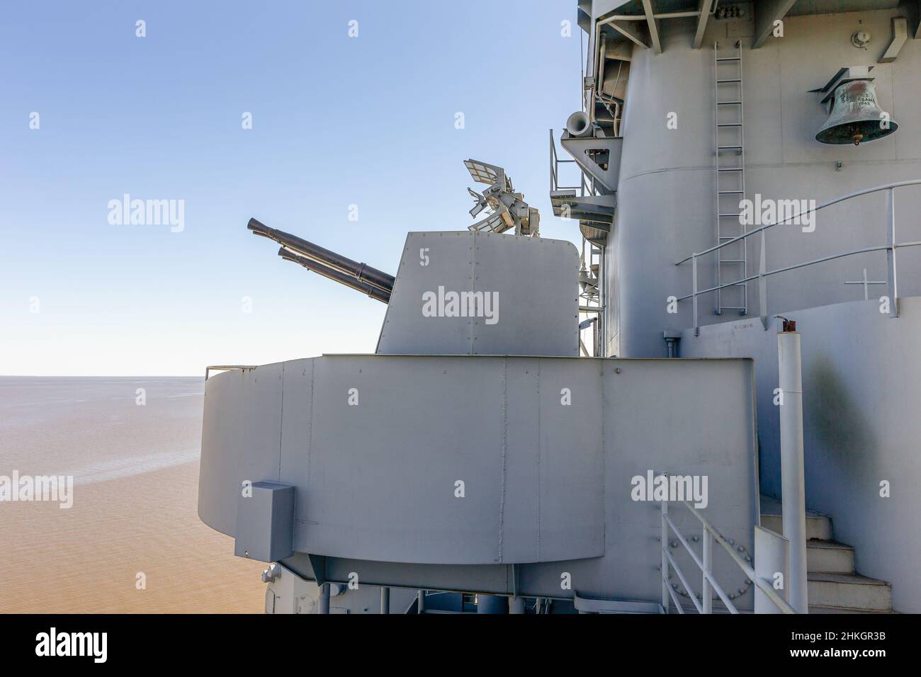 Anti-aircraft gun turret on the USS Alabama (BB-60), a battleship that served in World War II.  Concepts could include history, war, defense, navy, ot Stock Photo
