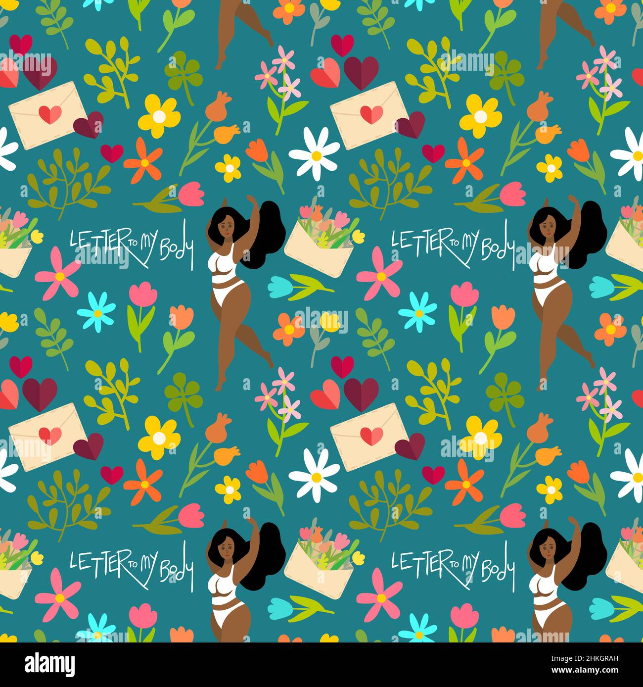 Positive Pattern Papper Body positive seamless pattern with bloom flowers and letter Stock ...