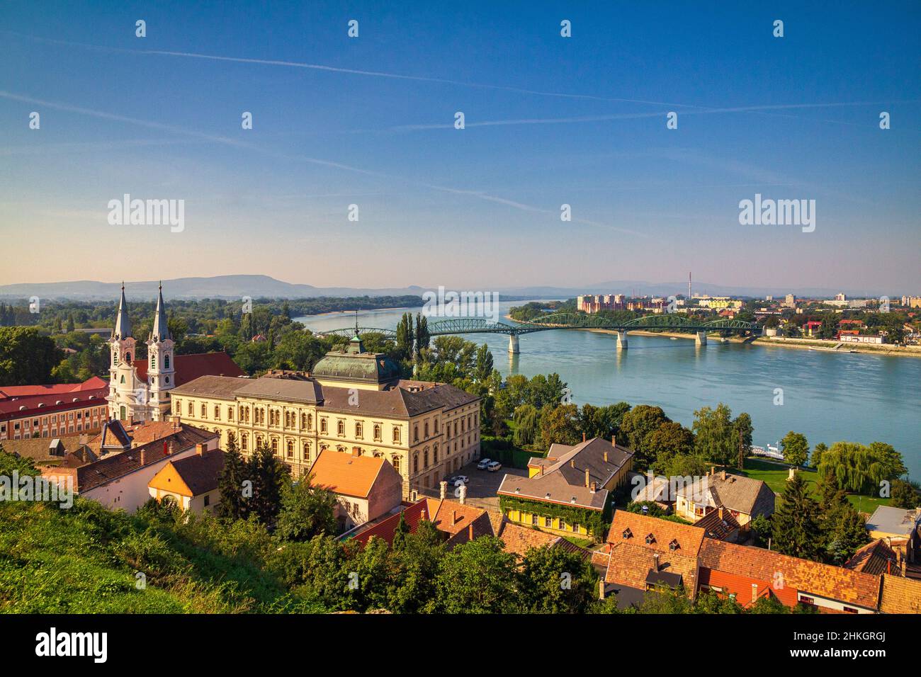 View of the historic town from the Esztergom basilica in Hungary. The Danube river and the border bridge to the town of Sturovo in Slovakia. Stock Photo