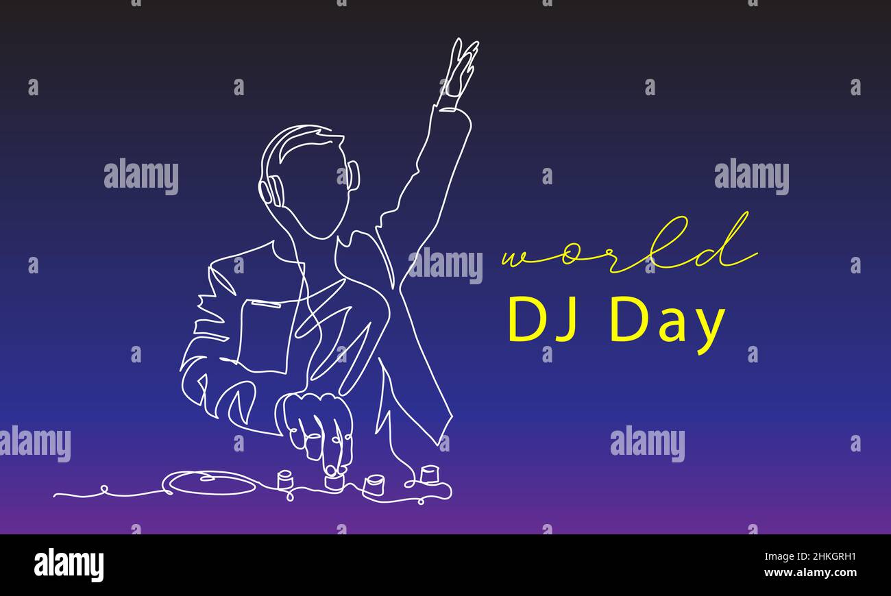 DJ day vector background, banner, poster. One continuous line art drawing illustration of dj Stock Vector