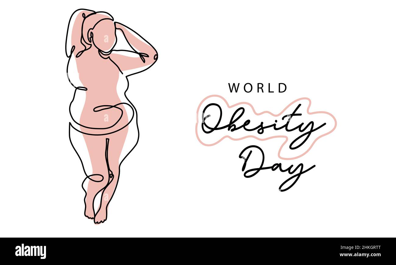 World obesity day simple vector poster, banner, background. Fat woman, girl and her slim silhouette. One continuous line art drawing illustration of Stock Vector
