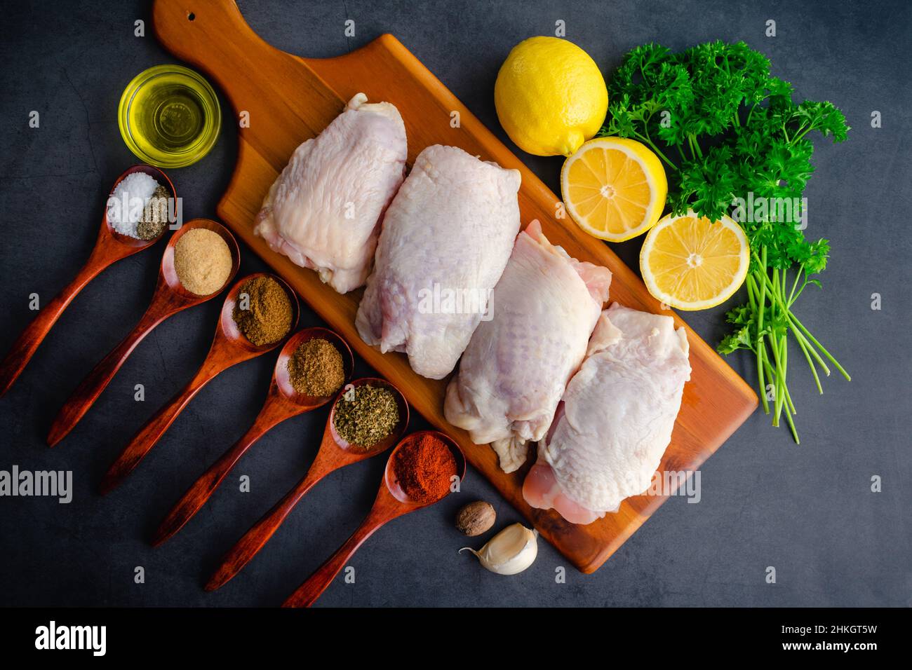 Olive Oil Chicken Thighs Mediterranean Style Ingredients Raw chicken