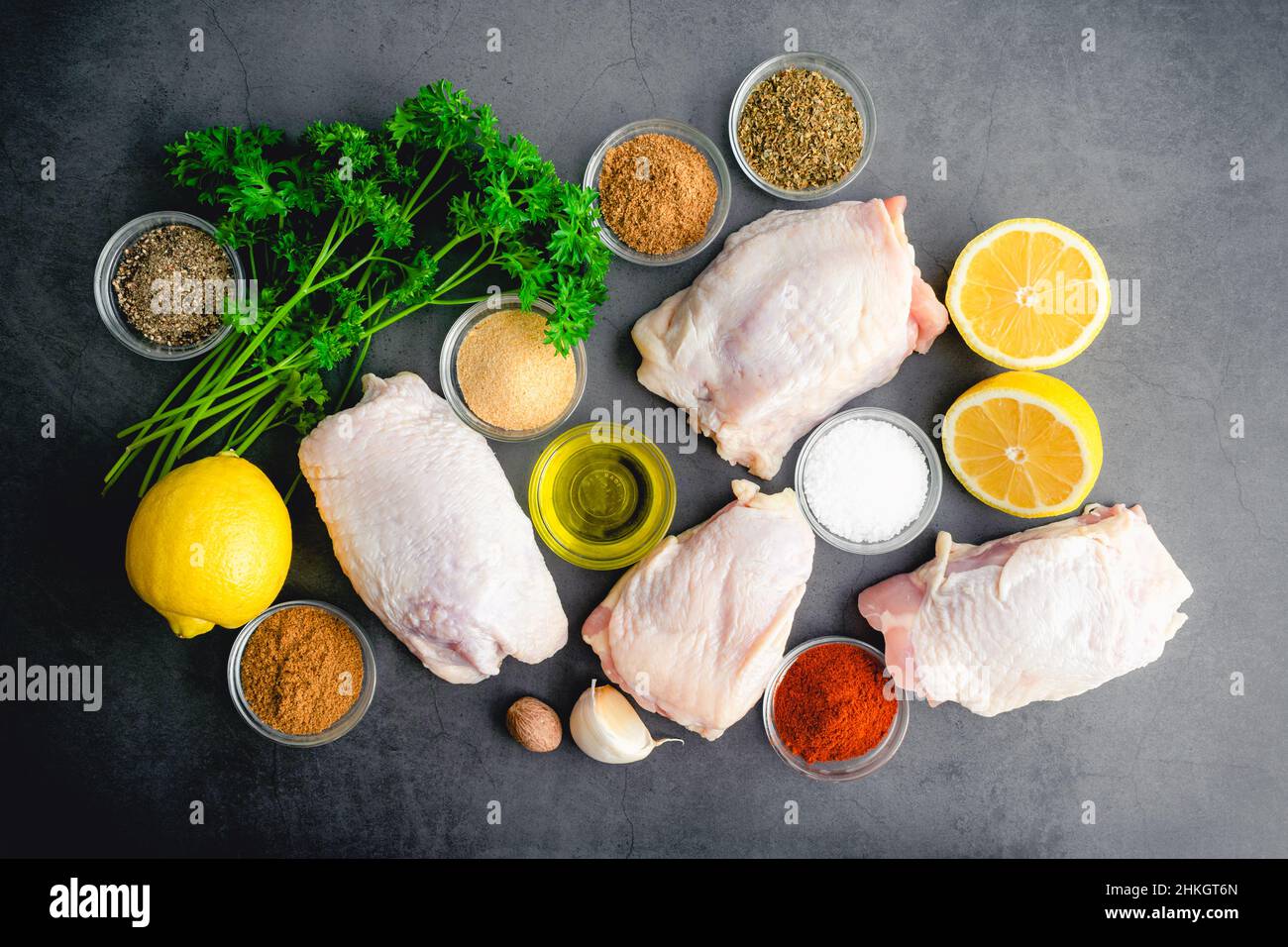 Olive Oil Chicken Thighs Mediterranean Style Ingredients Raw chicken