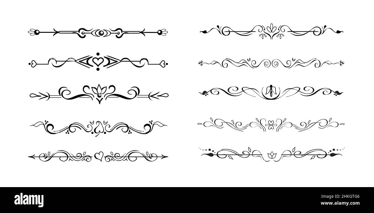 Set of ornate vignettes, text delimiters, dividers, page bottom decorative lines, borders. Hand-drawn elements Stock Vector
