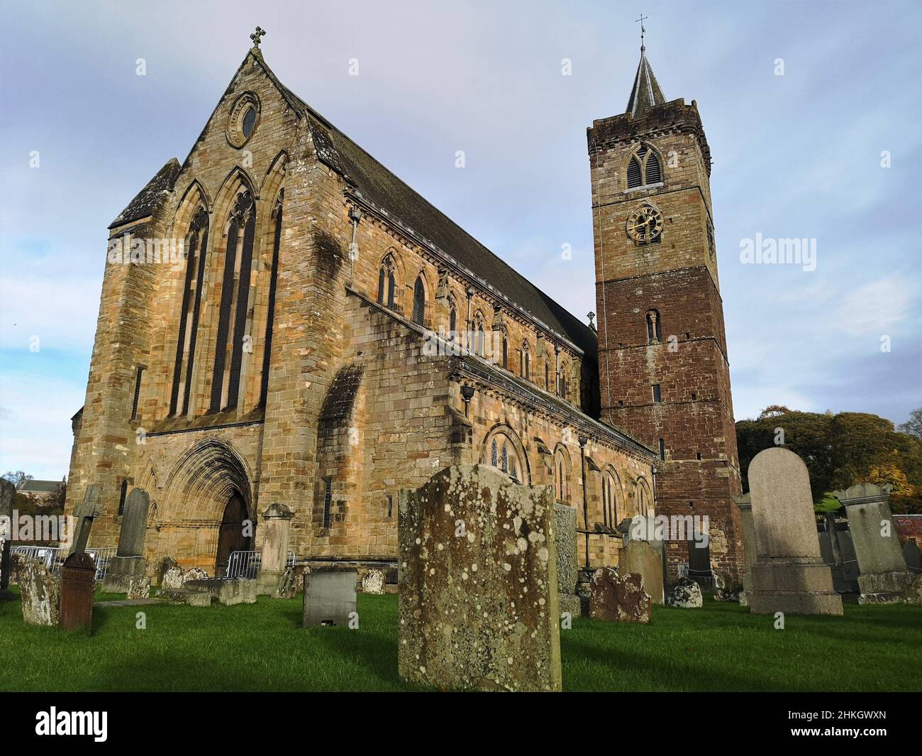 An exterior view of the large medieval cathedral building in the village of Dunblane, Scotland. Stock Photo