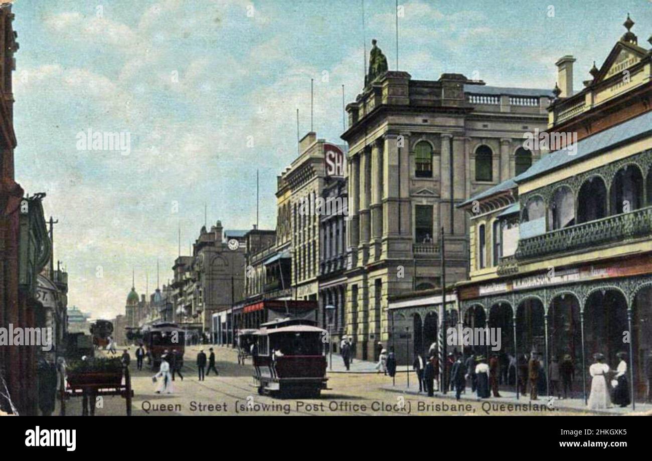 Queen Street (showing Post Office clock) Brisbane, Australia - circa 1910 Stock Photo
