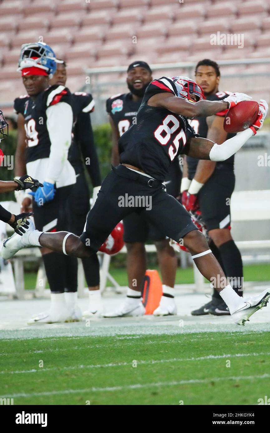 American Team wide receiver Dai’Jean Dixon (85) of Nicholls State catches a pass during the NFLPA Collegiate Bowl college football game against the Na Stock Photo