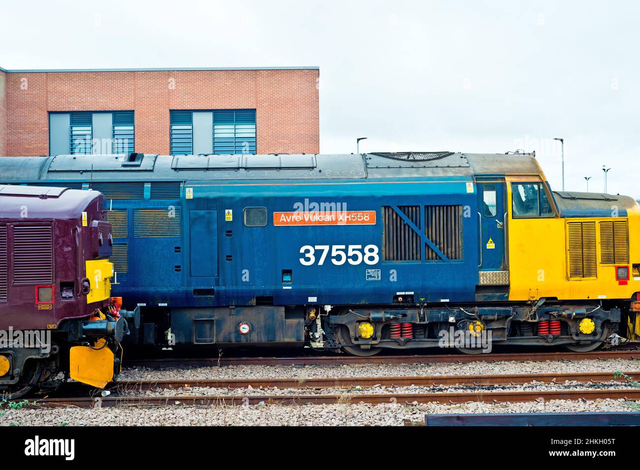West Coast Class 37 and large Log BR Class 37 No 37558 Avro Vullcan XH 558 stabled at York Railway Station, England Stock Photo
