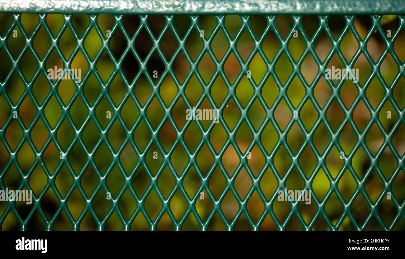 green chainlink fence close up series of diamond shapes connected hard strong green metal fence with blurred green fall background horizontal format Stock Photo