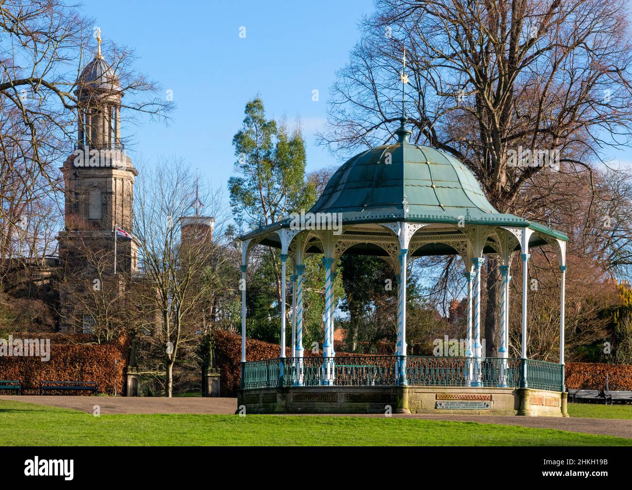 The bandstand in the Quarry, overlooked by St Chad's Church, Shrewsbury, Shropshire. Stock Photo