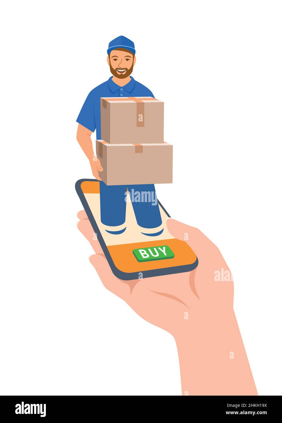 Express delivery concept. Customer makes an order online using smartphone app and gets it fast. Young friendly delivery man gives parcels to the clien Stock Vector
