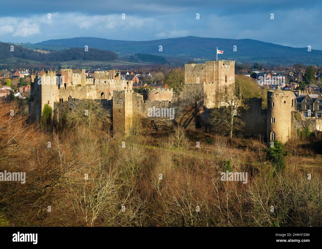 Ludlow Castle and Brown Clee Hill, Shropshire. Stock Photo