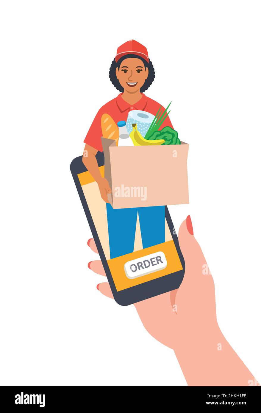 Express delivery concept. Customer makes an order online using smartphone app and gets it fast. Friendly courier gives a paper bag with groceries to b Stock Vector