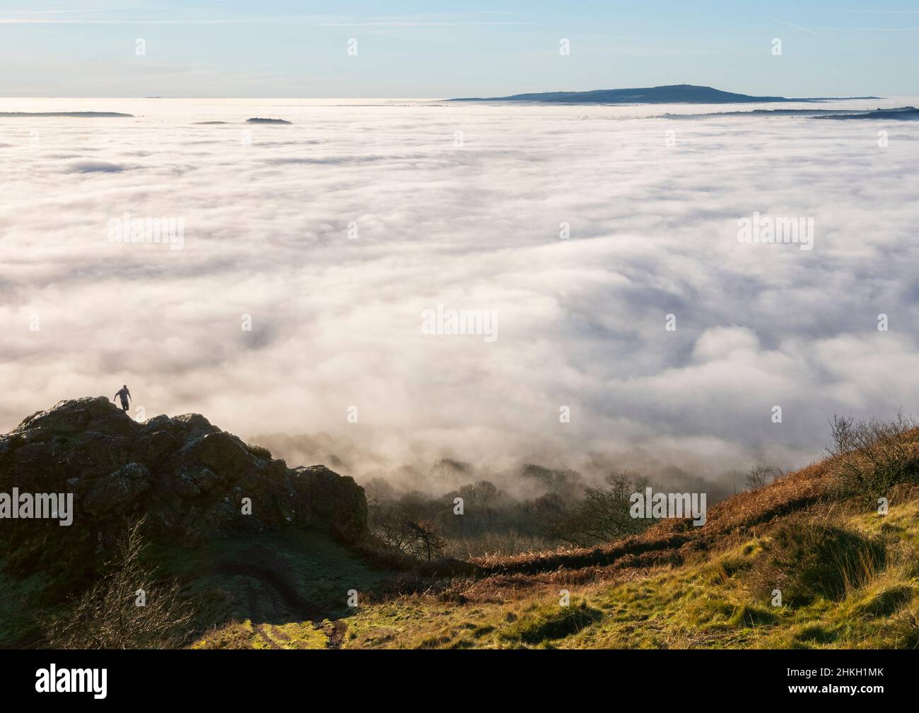 A temperature inversion seen from the summit of the Wrekin hill in Shropshire. Brown Clee is on the horizon. Stock Photo