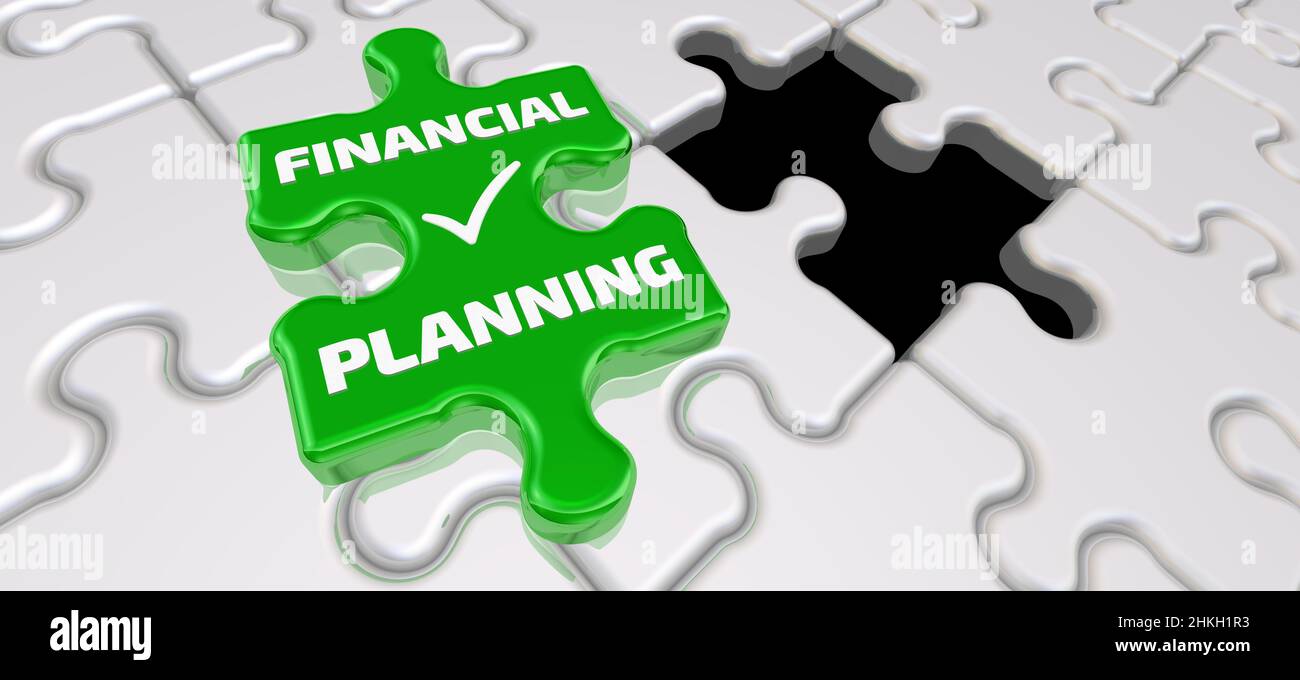 Financial planning. Folded white puzzles elements and one final green piece of the puzzle with the text FINANCIAL PLANNING and check mark Stock Photo
