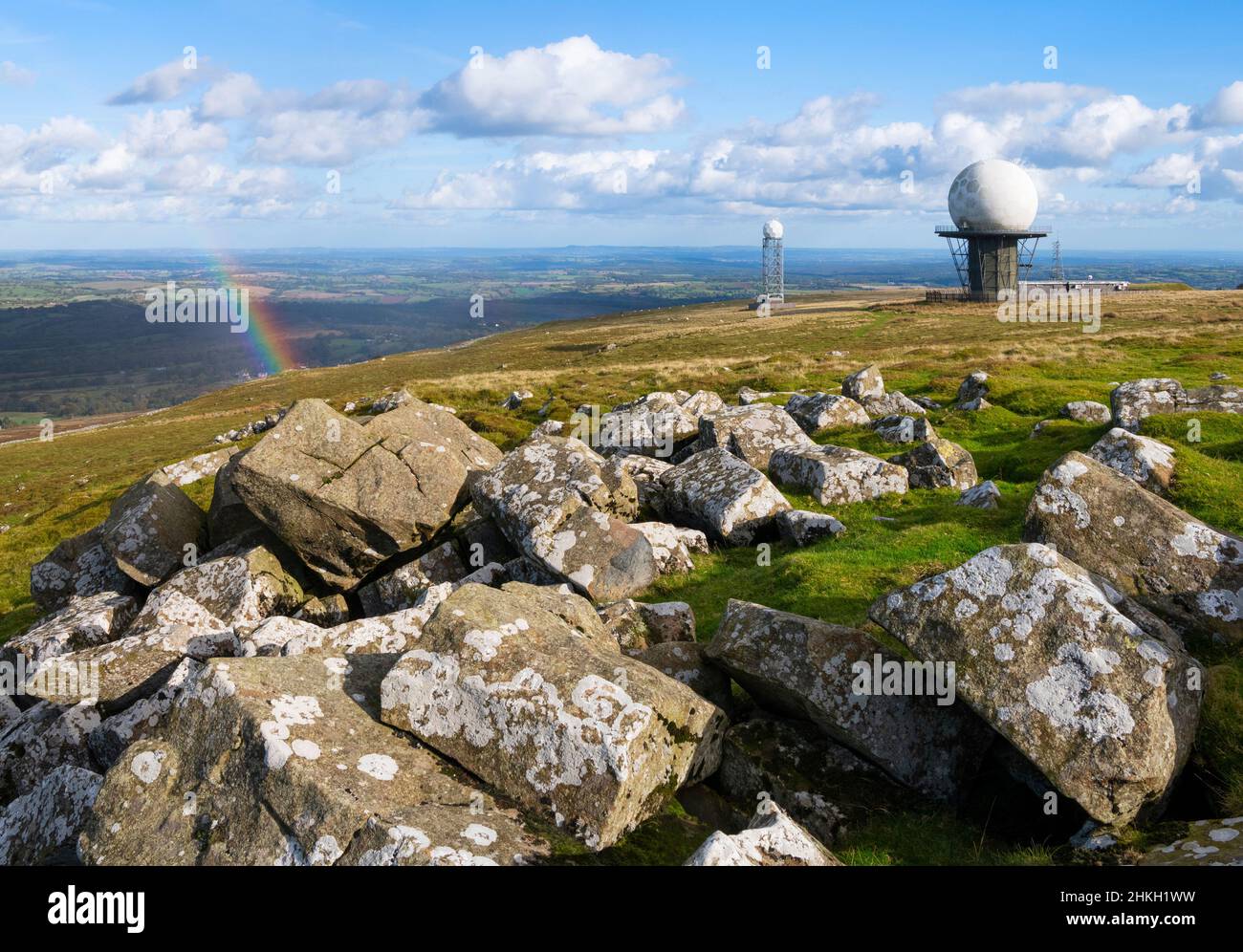 The summit of Titterstone Clee with it's radar domes, Shropshire. Stock Photo