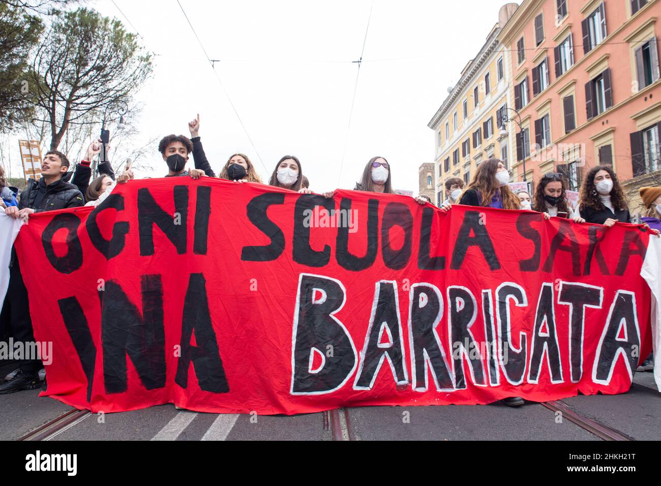 Rome, Italy. 4th Feb, 2022. Demonstration from Piazzale Ostiense to the MIUR (Ministero dell'Istruzione dell'UniversitÃ e della Ricerca) headquarters organized by high school students to protest against new maturity exam format decided by Minister of Education Patrizio Bianchi. (Credit Image: © Matteo Nardone/Pacific Press via ZUMA Press Wire) Stock Photo