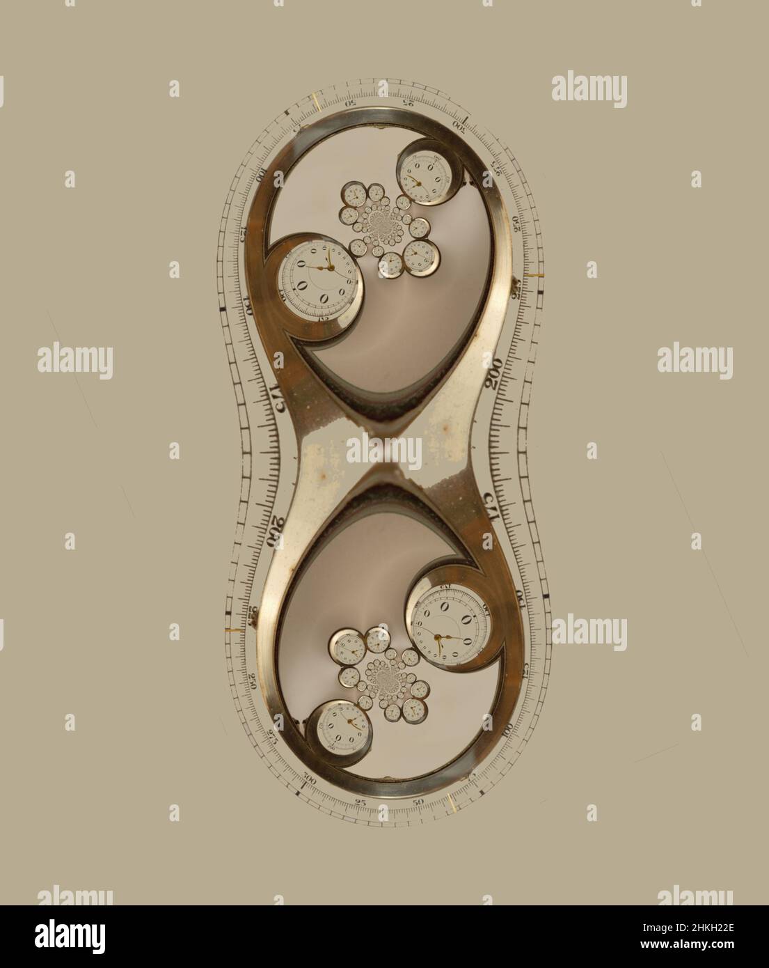 Golden hour glass with clock faces as sand. Instrument for measuring