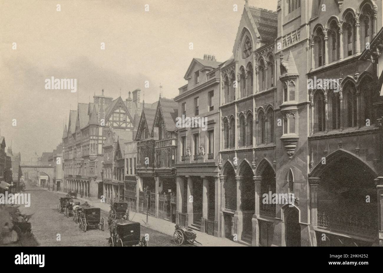 Antique circa 1890 photograph of downtown Eastgate Street with clock and arch in Chester, England. SOURCE: ORIGINAL ALBUMEN PHOTOGRAPH Stock Photo