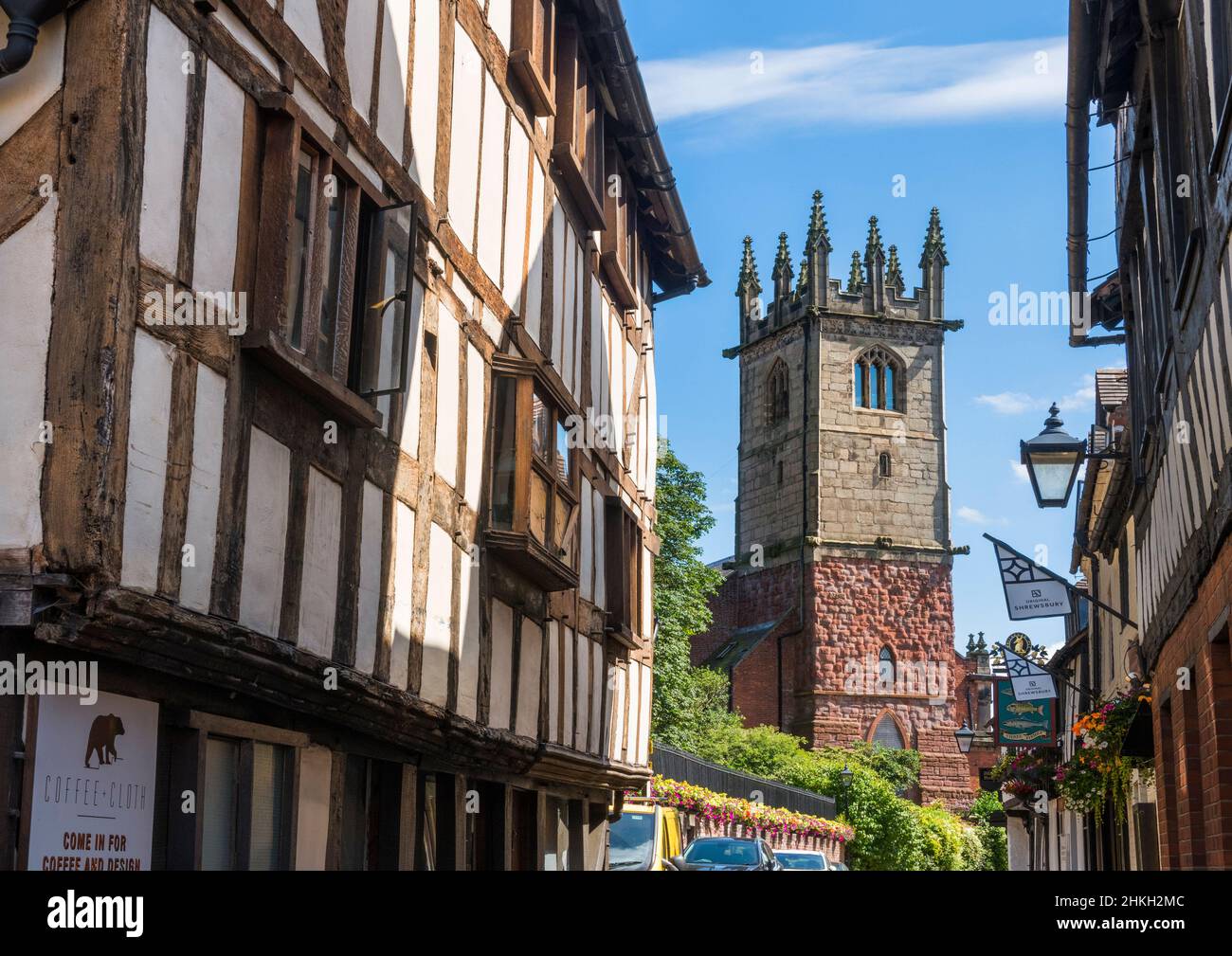 Fish Street, and St Julian's Church, Shrewsbury, Shropshire Stock Photo