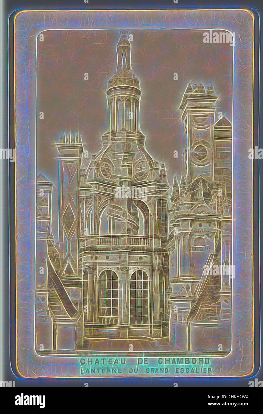 Inspired by Lantern above the double spiral staircase in the castle of Chambord, France, Lanterne du Grand Escalier, Château de Chambord, Chambord, 1855 - 1885, paper, albumen print, height 106 mm × width 69 mm, Reimagined by Artotop. Classic art reinvented with a modern twist. Design of warm cheerful glowing of brightness and light ray radiance. Photography inspired by surrealism and futurism, embracing dynamic energy of modern technology, movement, speed and revolutionize culture Stock Photo