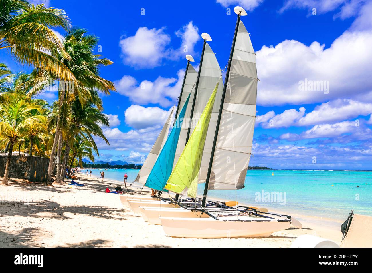 Mauritius island holidays. Tropical vacation, sport activities - popular beach  Trou aux biches Stock Photo