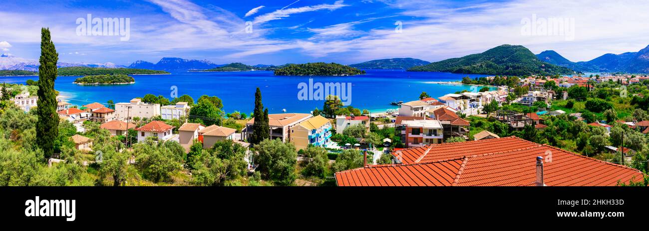 Panoramic view of Nidri bay, beautiful Lefkada island. Beautiful Ionian islands of Greece. Greek summer holidays Stock Photo