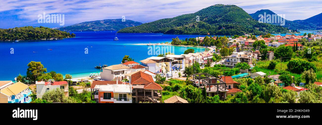 Panoramic view of Nidri bay, beautiful Lefkada island. Beautiful Ionian islands of Greece. Greek summer holidays Stock Photo