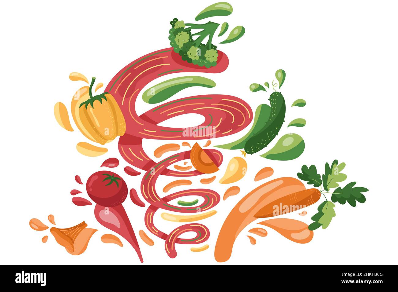 Making vegetables fresh smoothie, preparation healthy organic food. Carrot, broccoli, tomato, mushroom, cucumber juice in a flat cartoon style. Stock Vector