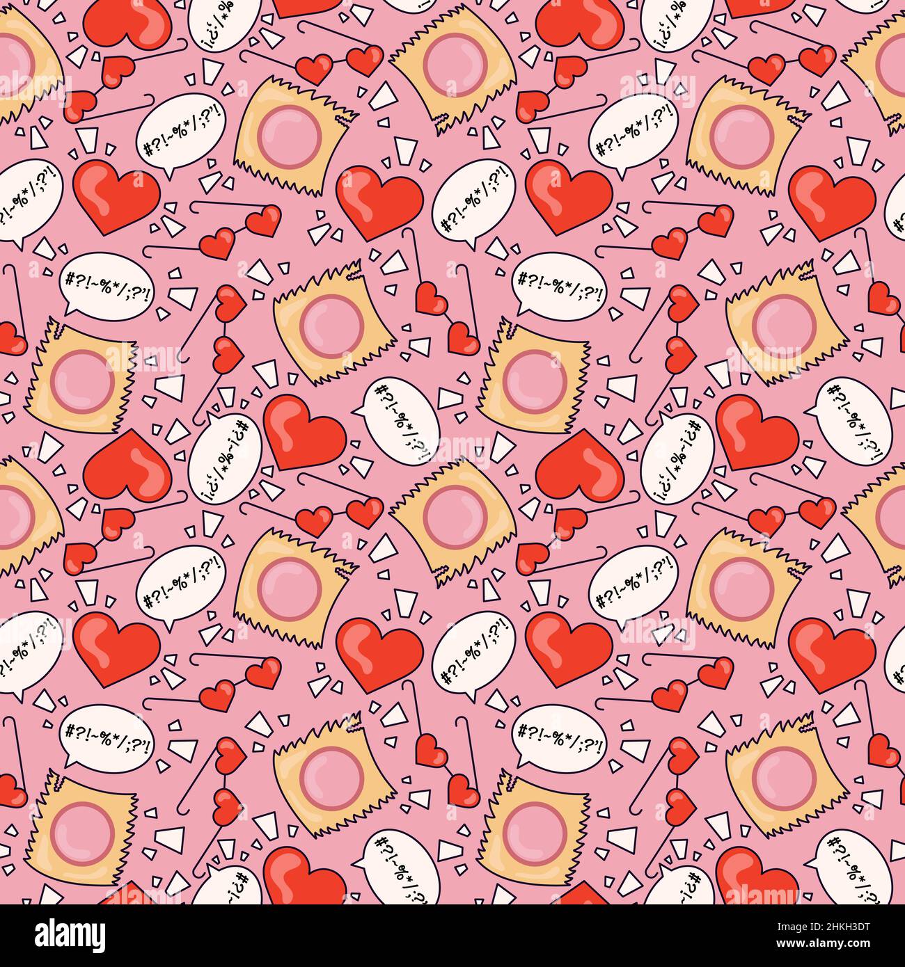 Red hearts, heart glasses, message and wrappers on the pink background in cartoon style of 70s . Abstract seamless pattern. illustration. Vector Stock Vector