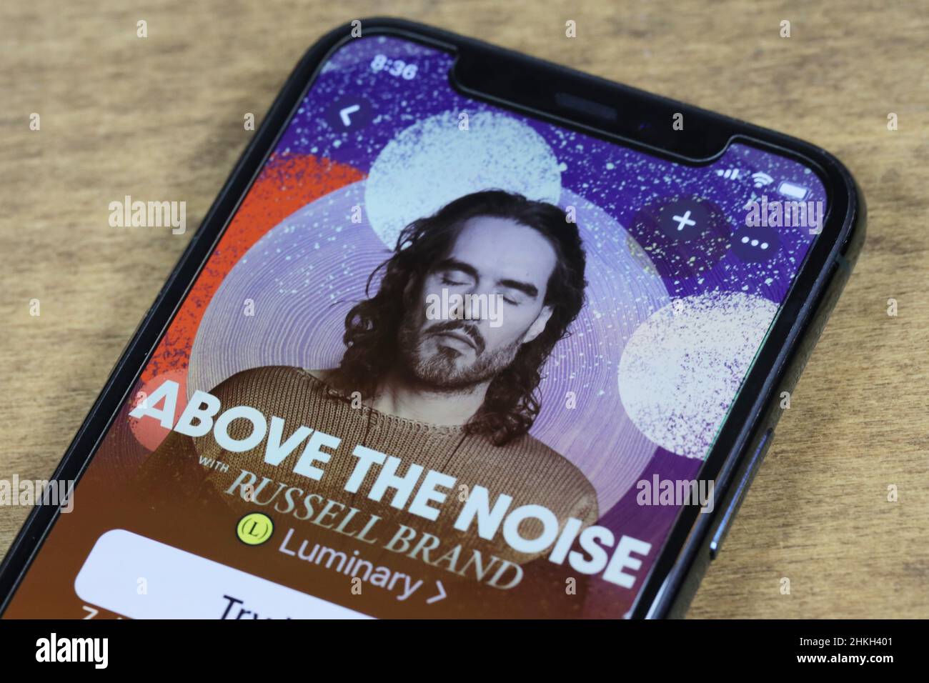 Russell Brand's meditation podcast 'Above the Noise' on Luminary. Stock Photo