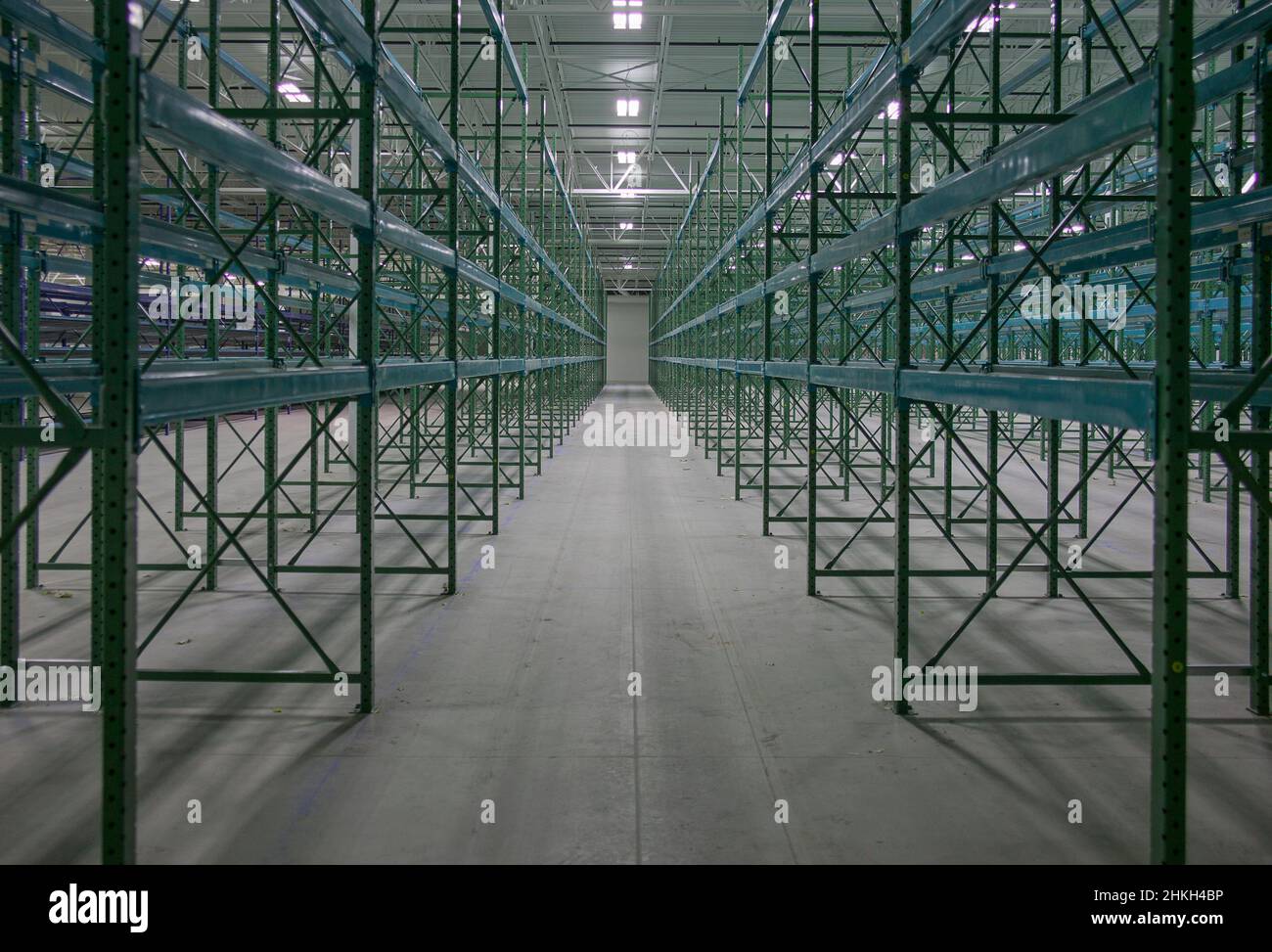 Empty storage racks in warehouse show supply chain crisis Stock Photo