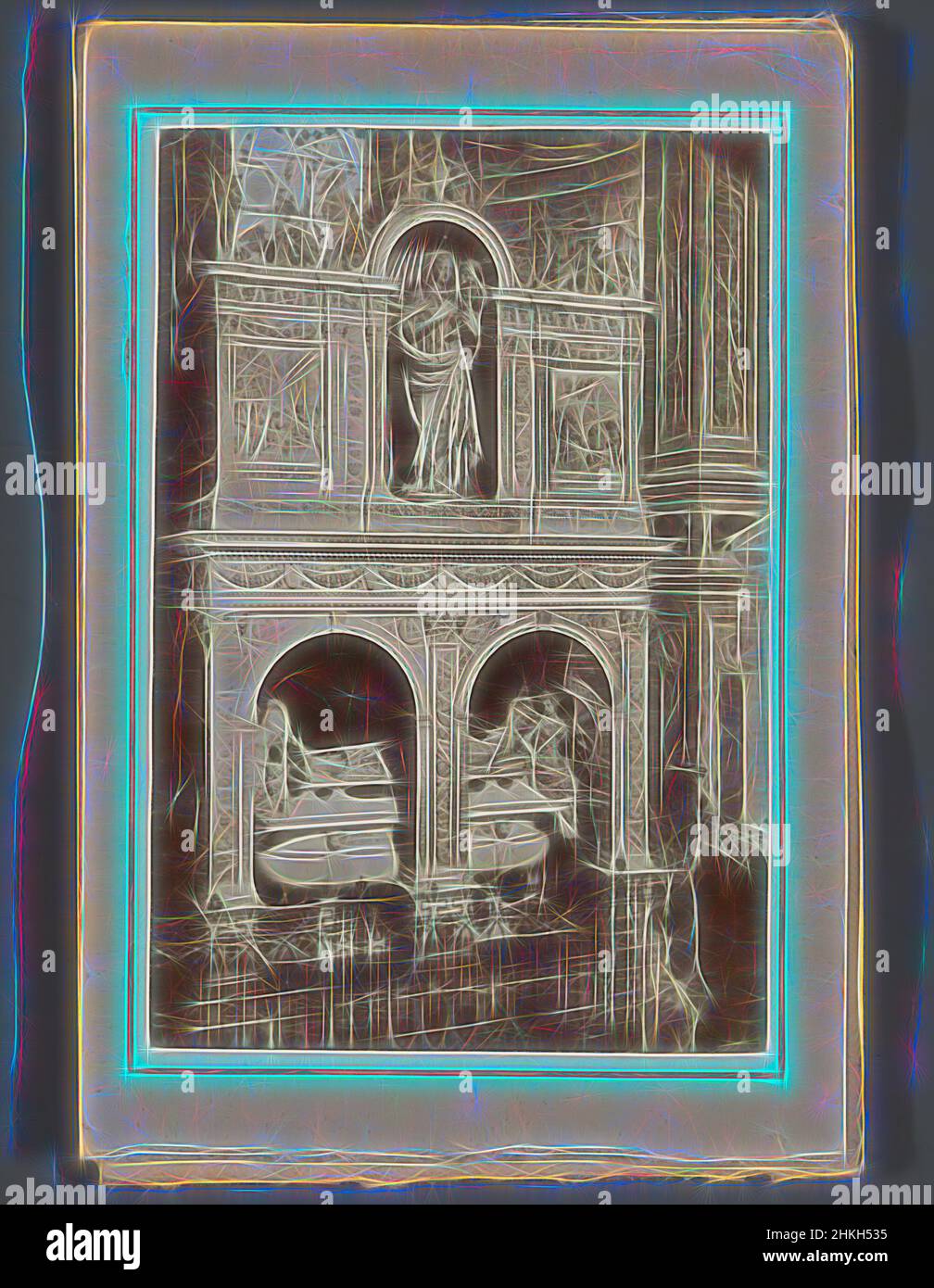 Inspired by Tomb of Gian Galeazzo Visconti in the convent of Certosa di Pavia in Lombardy, Italy, Giovanni Cristoforo Romano, Lombardije, 1854 - 1885, paper, albumen print, height 109 mm × width 74 mm, Reimagined by Artotop. Classic art reinvented with a modern twist. Design of warm cheerful glowing of brightness and light ray radiance. Photography inspired by surrealism and futurism, embracing dynamic energy of modern technology, movement, speed and revolutionize culture Stock Photo