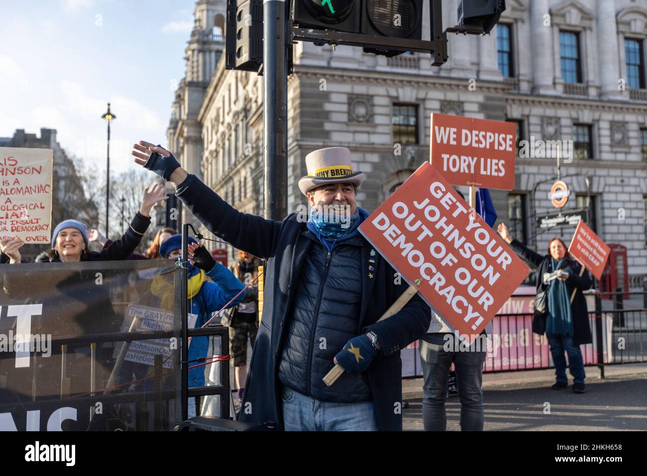 Protesters target Downing Street as Boris Johnson faces further demands to resign due to ‘Partygate' and the highest rate of inflation in 30 years, UK Stock Photo