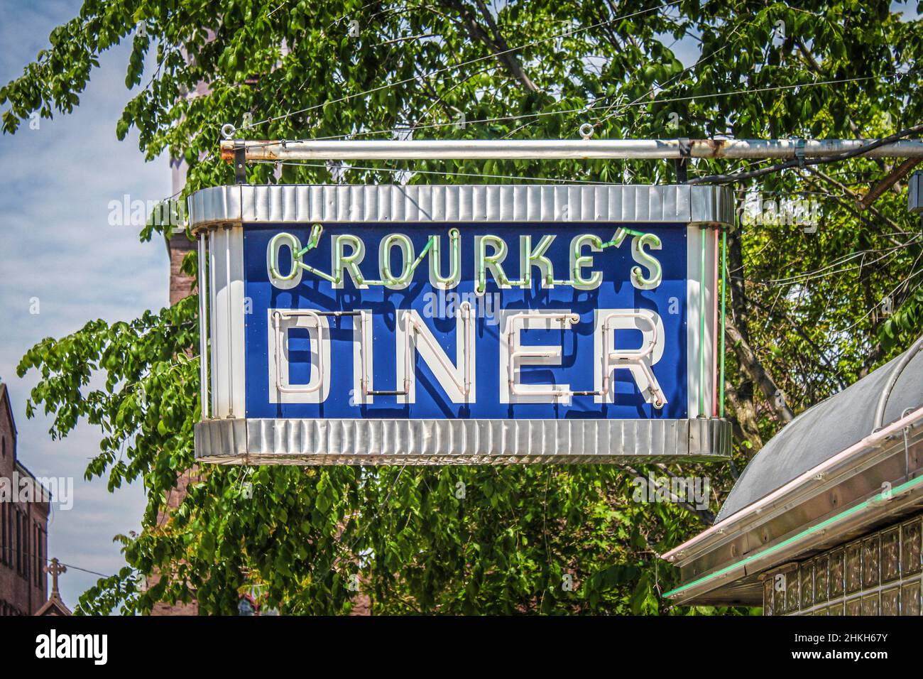 04-25-2015 Middletown CT USA Retro neon diner sign -ORourkes - University hangout on main street Stock Photo
