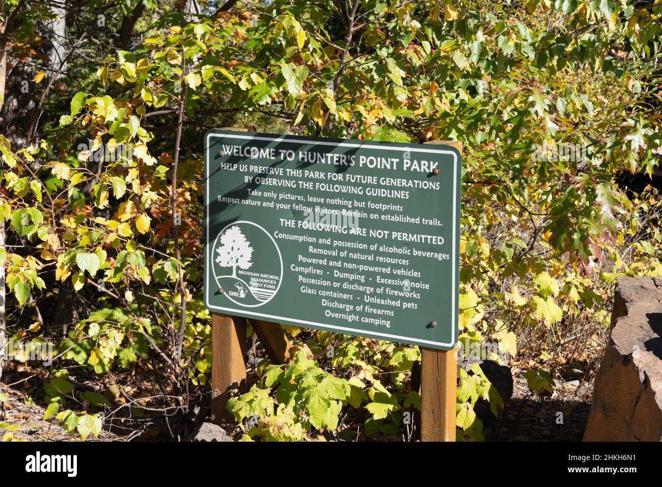 Sign for Hunter's Point Park, near Copper Harbor, Michigan Stock Photo ...