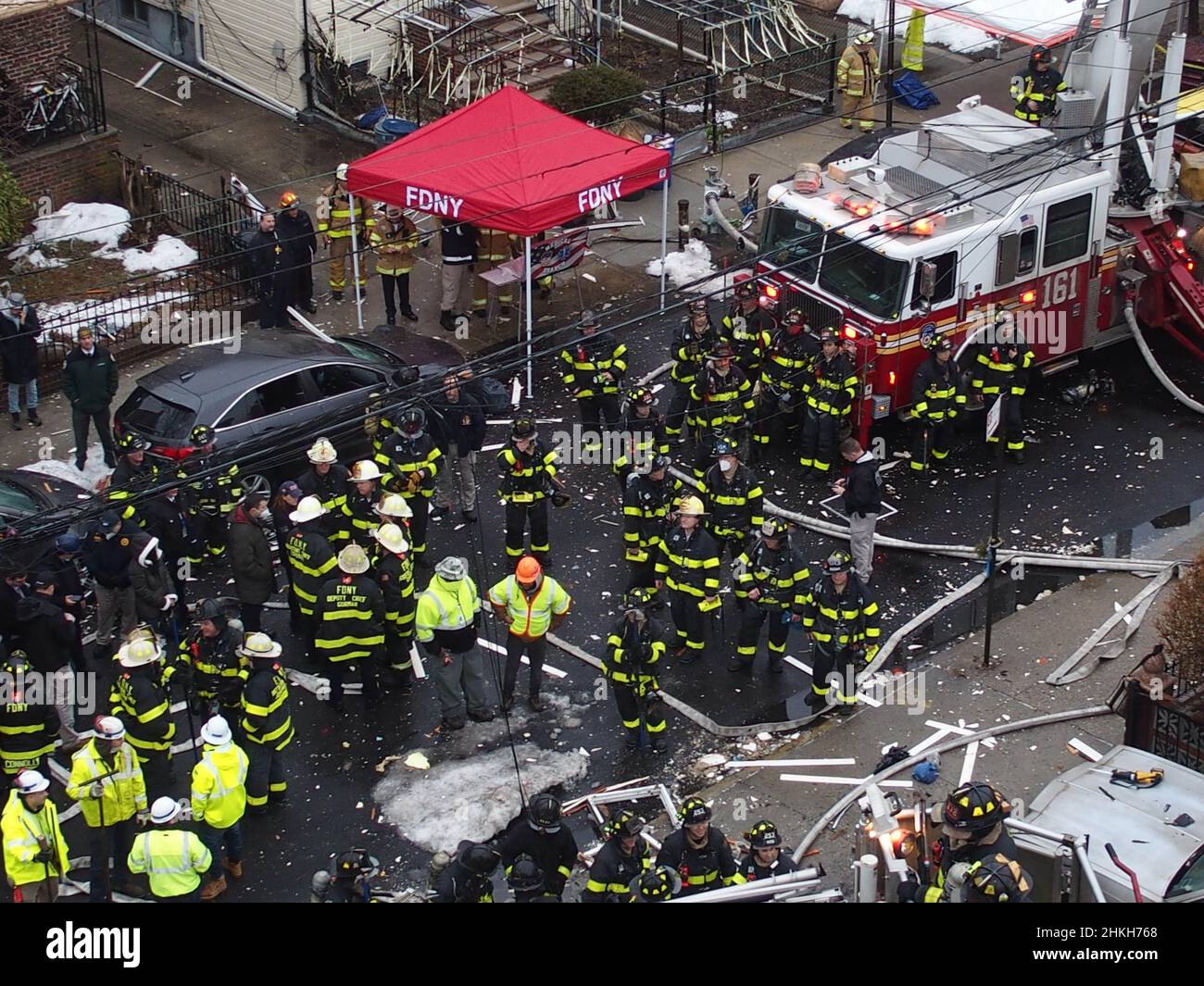 February 4, 2022, New York, New York, USA: February 4, 2022  New York   .House explosion and Two alarm fire broke out in the early morning hours of Friday February 4,2022 The explosion shook the Bath Beach Neighborhood  New York City Fire Department , New York City Police Department , Emergency Medical Service, New York City Department of Buildings personnel all responded to the scene. Special cadaver dog was also brought in to help in the rescue efforts. (Credit Image: © Bruce Cotler/ZUMA Press Wire) Stock Photo