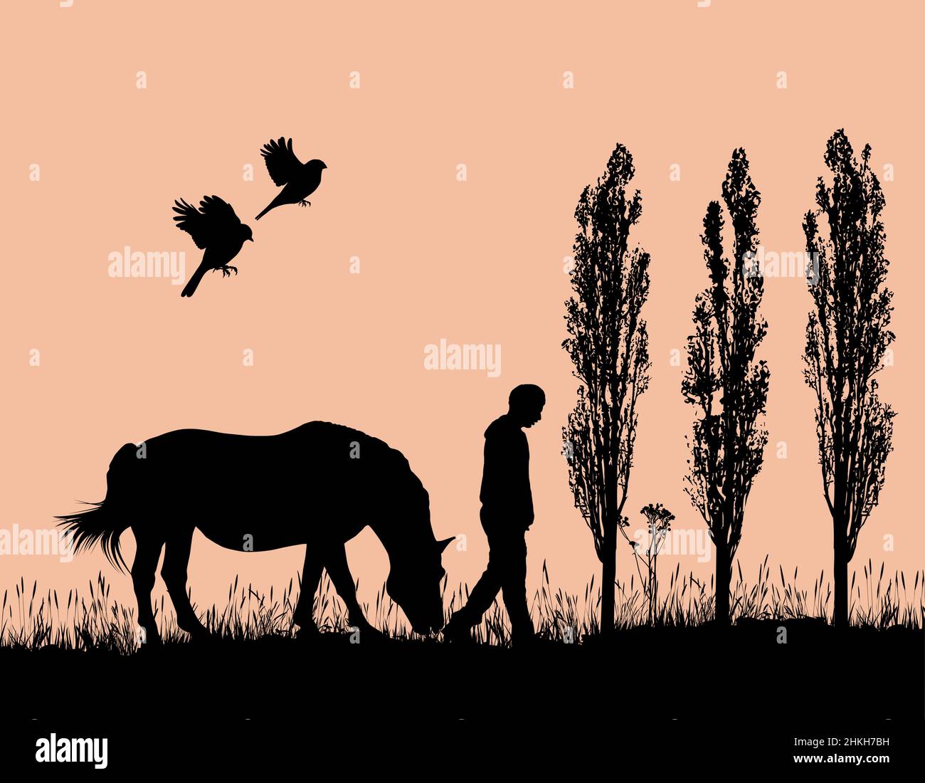 A walk in nature with a horse Stock Vector