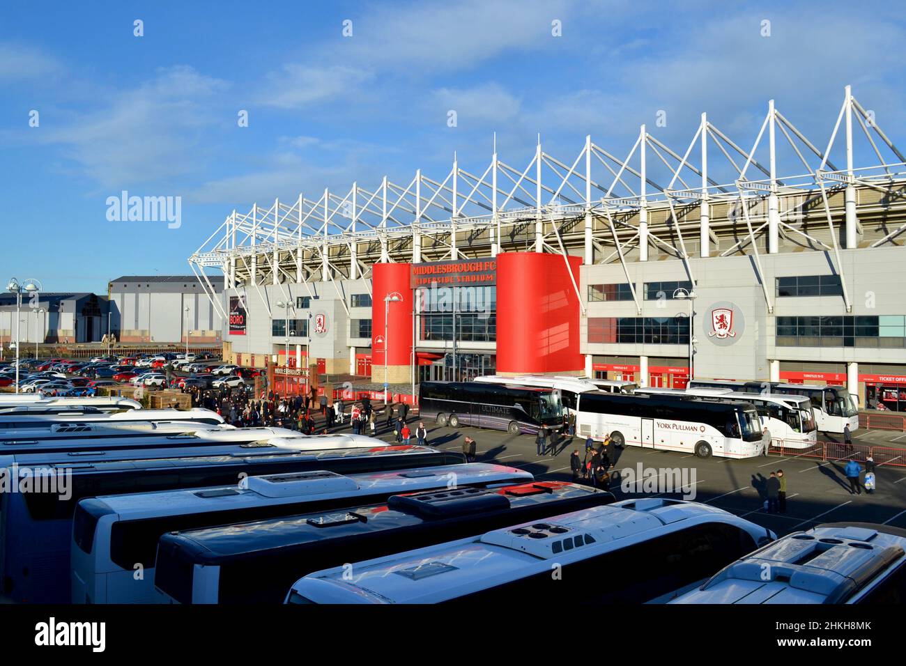 Middlesbrough, UK. 04 Feb 2022. An army of up to 9,500 Middlesbrough fans gather at the Riverside Stadium to board their convoy of 24 coaches to Old Trafford hoping to witness their team produce an FA Cup upset against Premier League Manchester United. Credit: Teesside Snapper/Alamy Live News Stock Photo