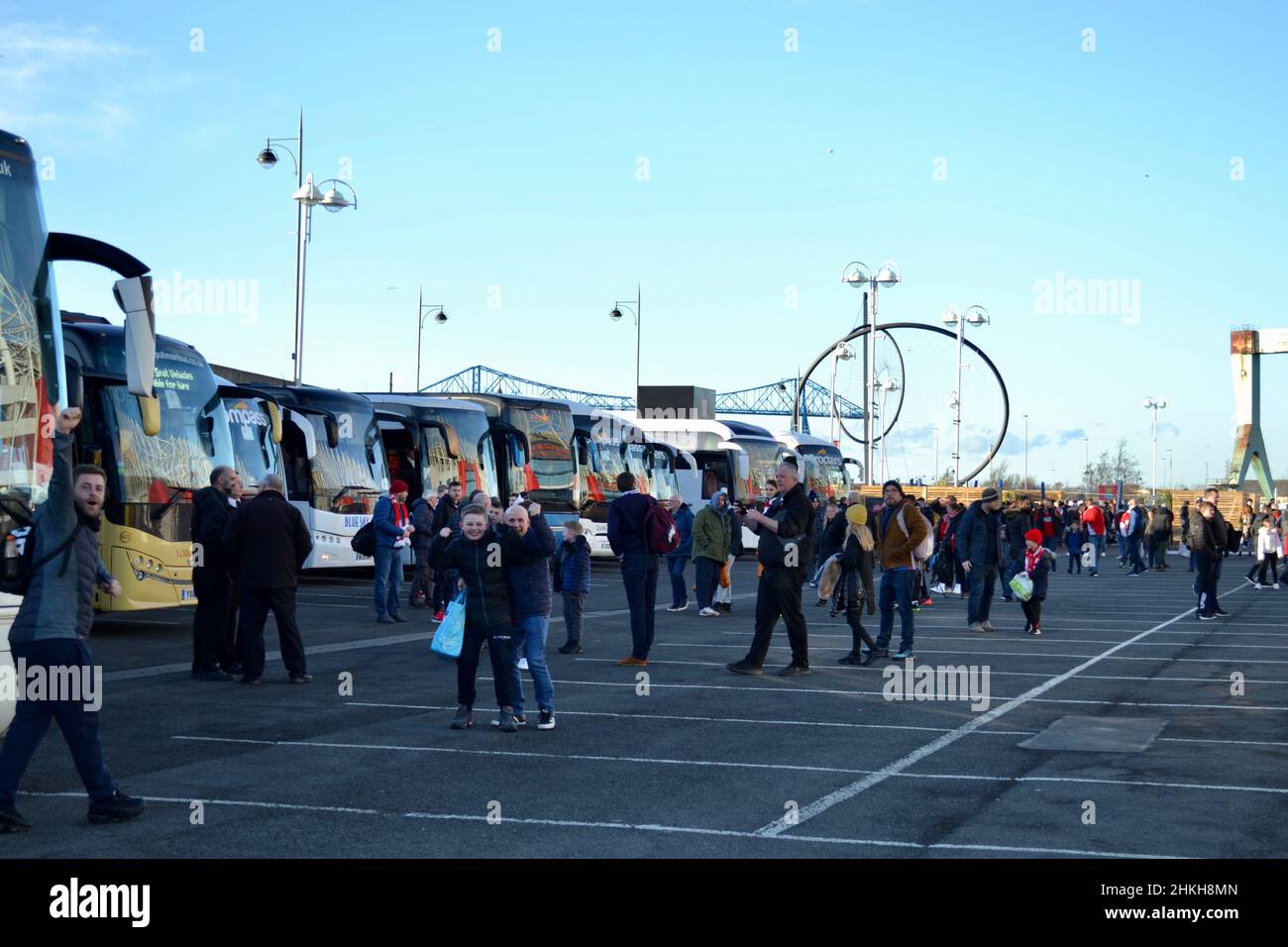 Middlesbrough, UK. 04 Feb 2022. An army of up to 9,500 Middlesbrough fans gather at the Riverside Stadium to board their convoy of 24 coaches to Old Trafford hoping to witness their team produce an FA Cup upset against Premier League Manchester United. Credit: Teesside Snapper/Alamy Live News Stock Photo