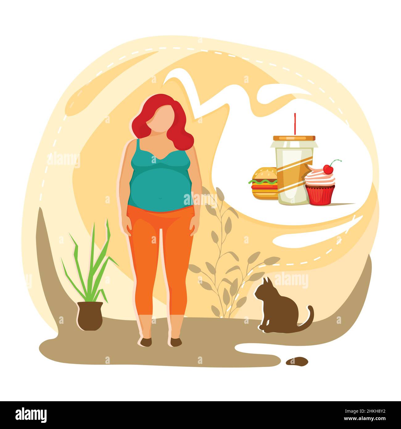 obese woman think to junk food. bad habits. hungry concept. unhealthy illustration vector icons Stock Vector